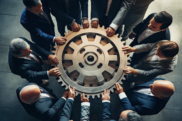 Teamwork-Konzept Top-Ansicht einer Gruppe von Geschäftsleuten, die ein Zahnrad halten Panoramabild Top-Ansicht von Geschäftsleuten, die ein Zahnrad halten, als Einheit und Teamarbeit AI generiert