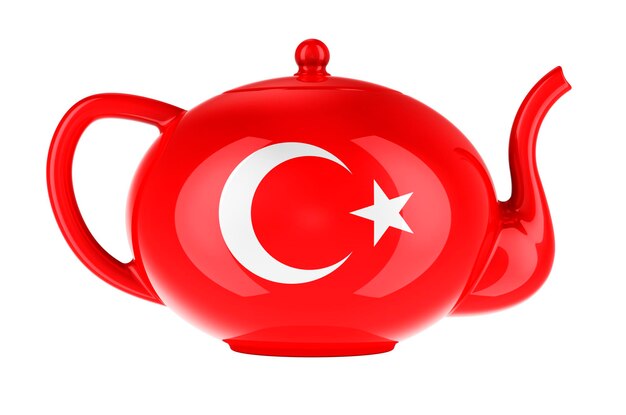 Teapot mit türkischer Flagge 3D-Rendering isoliert auf weißem Hintergrund