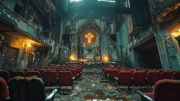 Un teatro abandonado con carteles desvanecidos en el fondo