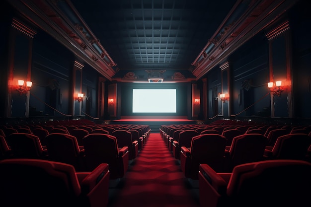 Un teatro con alfombra roja y una pantalla que dice 'cine'