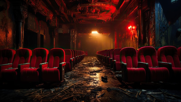 Teatro de cine abandonado con asientos rojos vibrantes espeluznante pero sorprendentemente cinematográfico