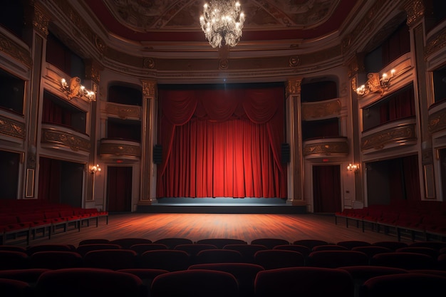 Un teatro con una cortina roja y una gran cortina roja.