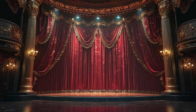 un teatro con cortinas rojas y adornos dorados