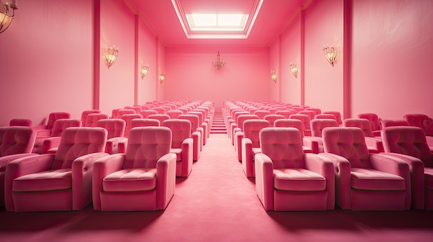 Teatro de cinema rosa com fundo rosa e cadeiras rosa