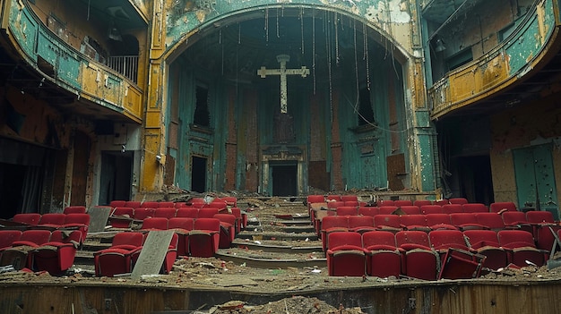 Un teatro descuidado con carteles desvanecidos