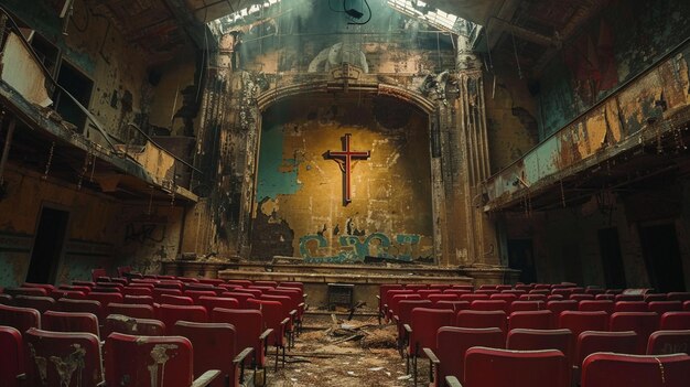 Foto un teatro descuidado con carteles desvanecidos