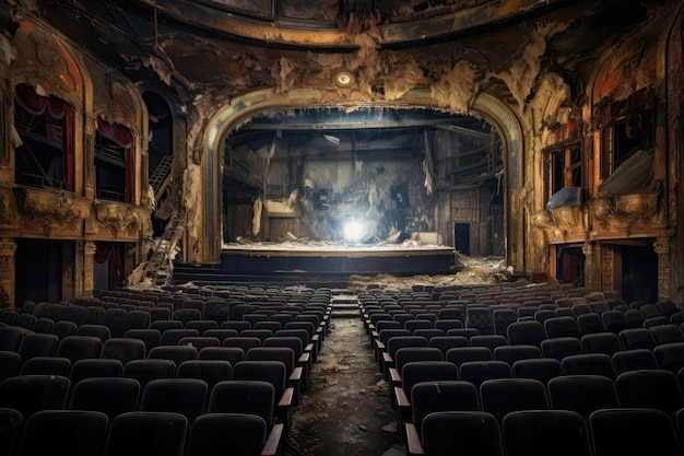 Teatro destruído abandonado com cortinas rasgadas e assentos decadentes IA generativa