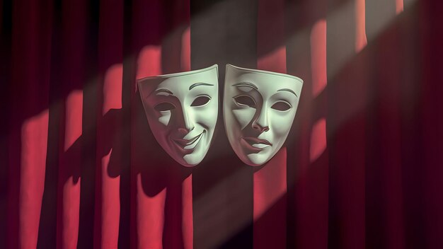 El teatro enmascara el drama y la comedia con una cortina roja como telón de fondo