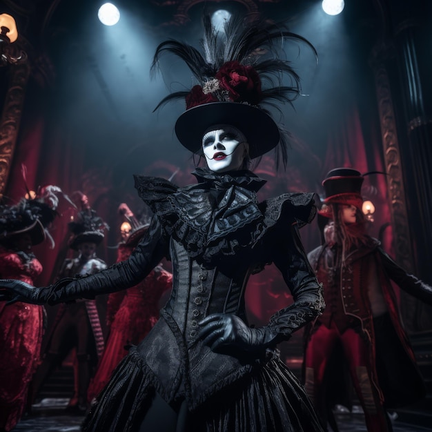 un teatro gótico con personajes que usan máscaras, corsés y trajes excéntricos