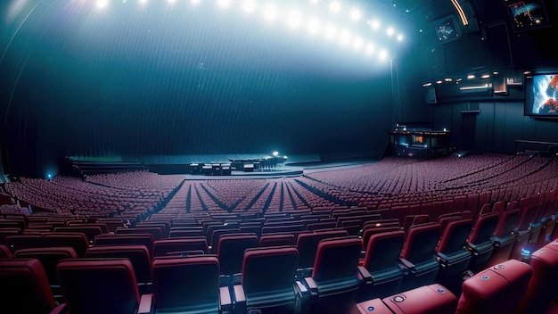 Un teatro con un gran escenario y un cartel que dice 'el cine está vacío'