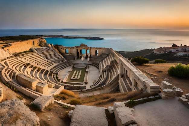 Un teatro griego con vistas al mar y al cielo.