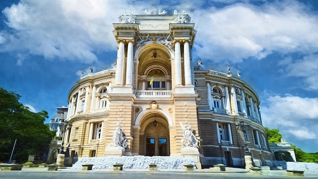 Teatro de Ópera y Ballet de Odessa protegido por sacos de arena durante la guerra