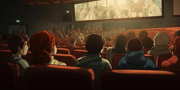 teatro con personas en la fila de atrás viendo una película en el estilo de dibujos expertos