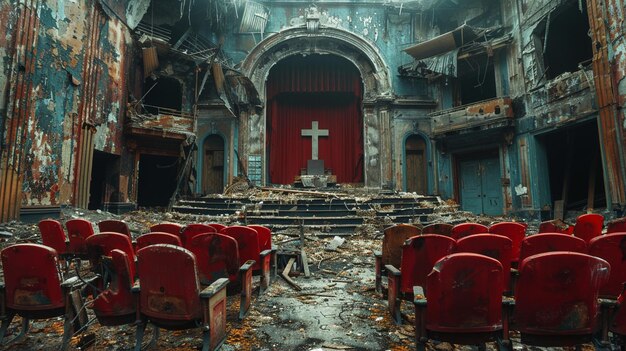 Un teatro en ruinas con cortinas rasgadas en el fondo