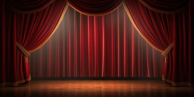 Teatro vacío con cortinas rojas y suelo de madera Escena escénica con luz