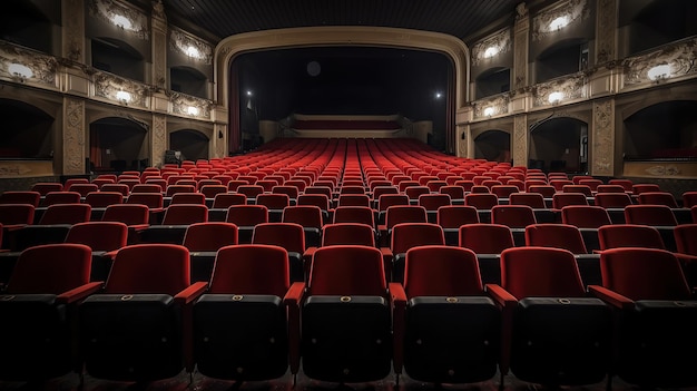 Un teatro vacío con muchos asientos rojos IA generativa