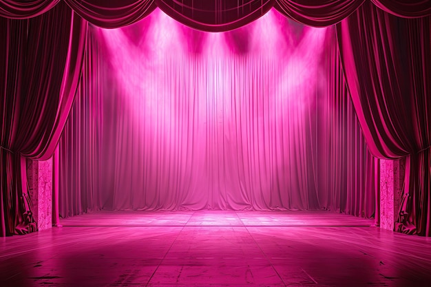 Teatro vazio palco rosa com cortinas e holofotes