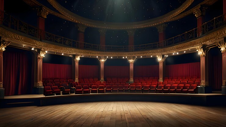 Teatro vintage vacío con cortinas rojas y suelo de madera