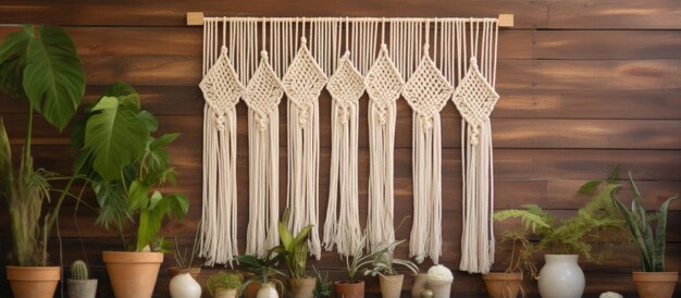 Tecelagem de macrame feita à mão com fios de algodão em um bastão de madeira rústico combinando estilos escandinavos e boho para uma casa aconchegante e ecológica