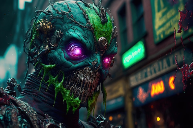 Tech-Dämon aus Schleim mit einer riesigen Rüstung aus Ektoplasma auf der Straße einer Cyberpunk-Stadt Prächtige Hypermetamorphose der Monsterillustration
