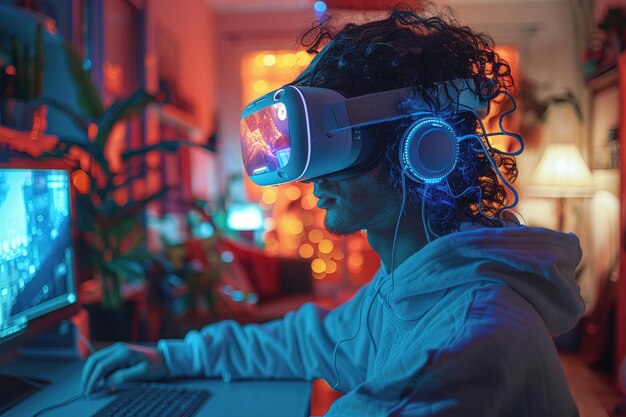 Tech-Enthusiast in die Welt der virtuellen Spiele vertieft