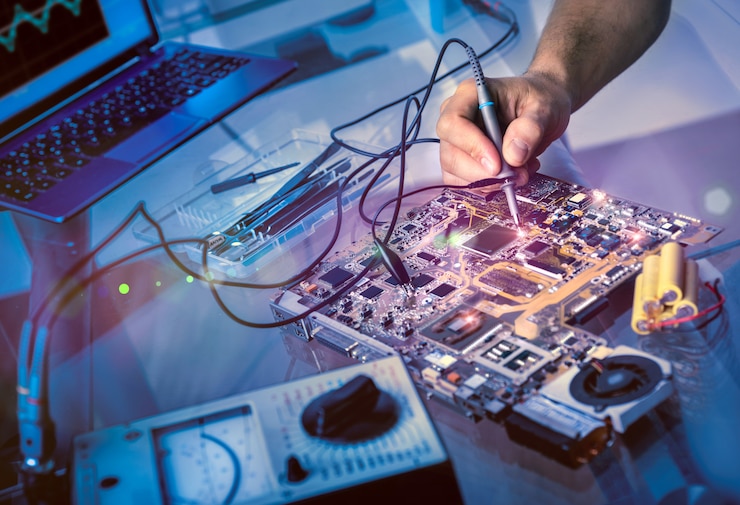 Foto tech repara la placa base en el centro de servicio