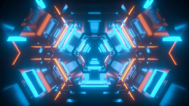 Tech-Tunnel mit blauem und orangefarbenem Neonlicht-Raumschiff-Korridor 3D-Rendering