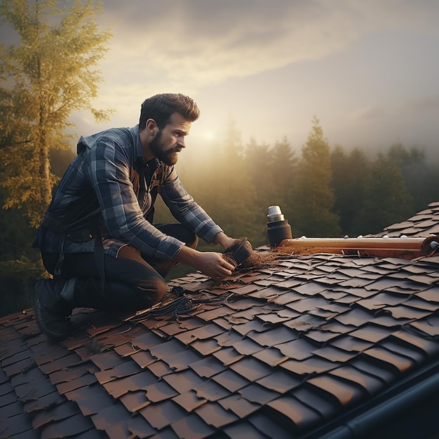 El techador de azulejos repara el techo de la casa de las fugas