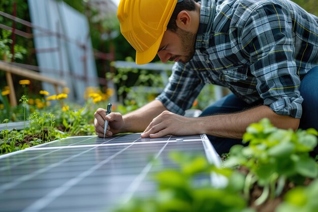 Techniker bei der Installation von Sonnenkollektoren in einem GewächshausxEin Konzept für saubere Energie