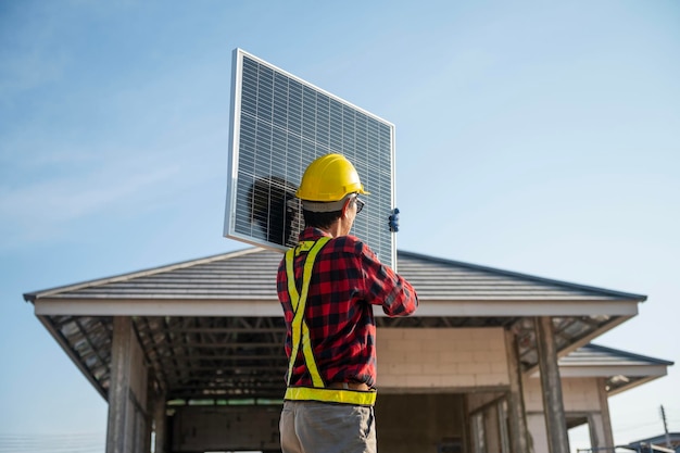 Techniker, die Sonnenkollektoren tragen, die bereit sind, auf dem Dach einer Wohnsiedlung installiert zu werden. Energiesparendes und kostensparendes Konzept. Besitzen Sie ein kleines Unternehmen, das Sonnenkollektoren installiert