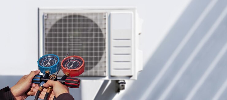 Techniker hält Manometer, das den Betrieb der Klimaanlage überprüft