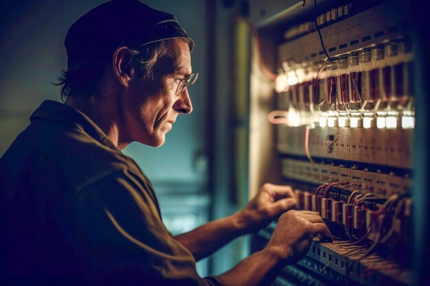 Techniker konzentriert sich auf die Verdrahtung elektrischer Platten