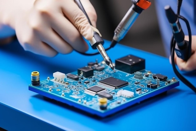 Techniker repariert elektronische Leiterplatten mit Lötkolben am Tisch