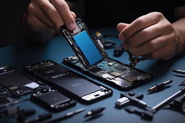 Foto techniker repariert smartphone auf schreibtischkomponenten gebrochenen ausschnittsweg