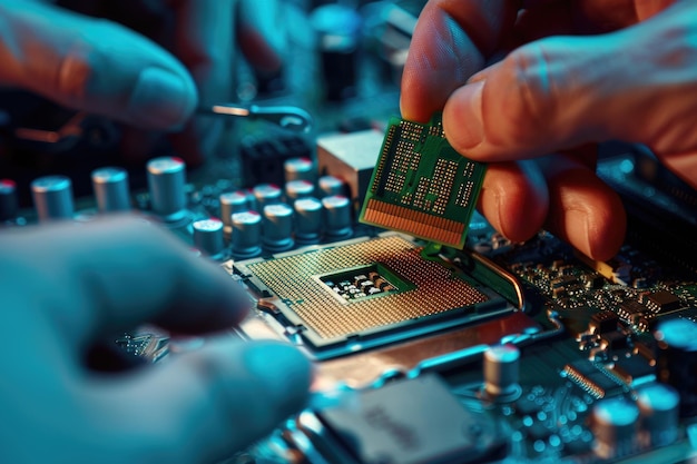 Foto techniker steckt den cpu-mikroprozessor in den motherboard-socket ein workshop-hintergrund