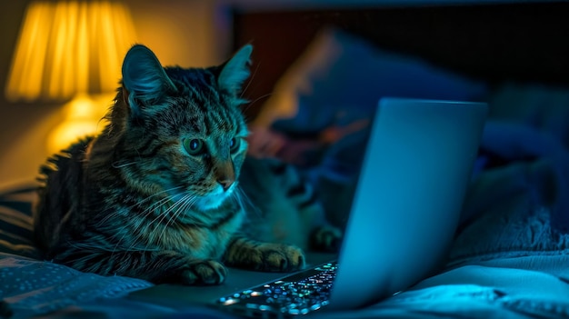 Technisch versierte Katze benutzt nachts einen Laptop