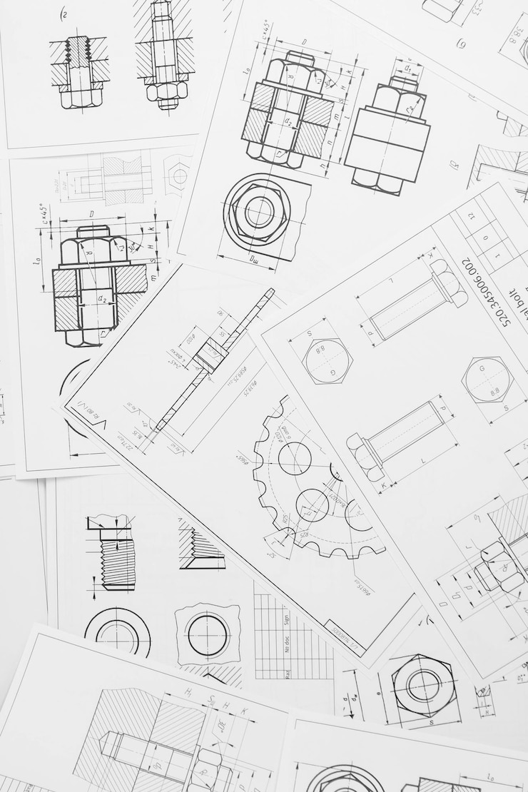 Foto technischen zeichnungen von industriellen teilen und mechanismen auf papier