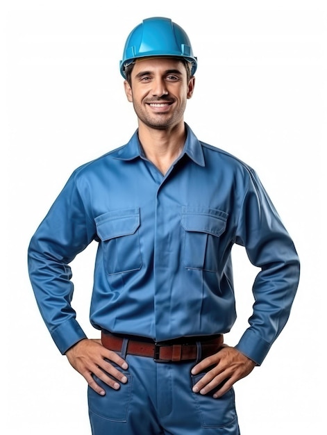 Technischer Mann trägt blaue Uniform auf weißem Hintergrund