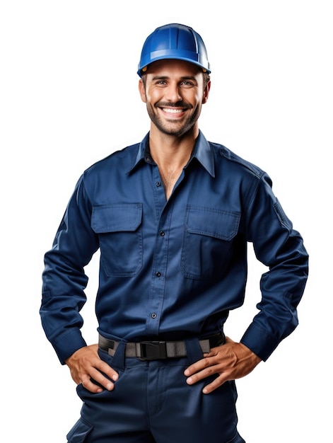 Technischer Mann trägt blaue Uniform auf weißem Hintergrund