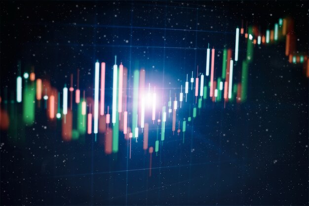 Technisches Preisdiagramm und -indikator, rotes und grünes Kerzendiagramm auf blauem Bildschirm, Marktvolatilität, Auf- und Abwärtstrend. Aktienhandel, Kryptowährungshintergrund.