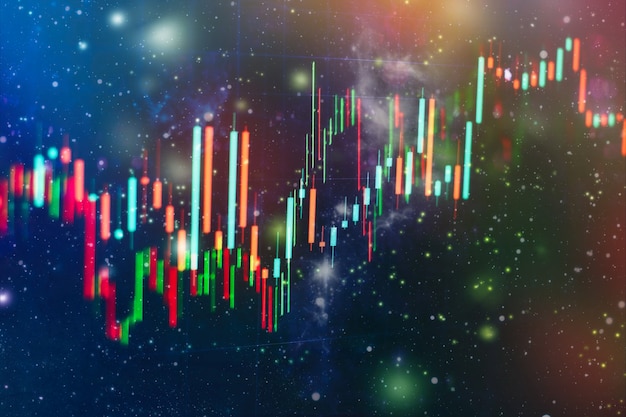 Technisches Preisdiagramm und -indikator, rotes und grünes Kerzendiagramm auf blauem Bildschirm, Marktvolatilität, Auf- und Abwärtstrend. Aktienhandel, Kryptowährungshintergrund.