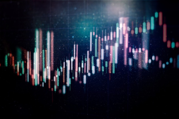 Technisches Preisdiagramm und -indikator, rotes und grünes Kerzendiagramm auf blauem Bildschirm, Marktvolatilität, Auf- und Abwärtstrend. Aktienhandel, Kryptowährungshintergrund.