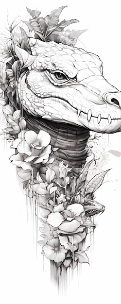Foto techno reptile esboço inacabado com crocodilo scifi para inspiração de tatuagem página de coloração