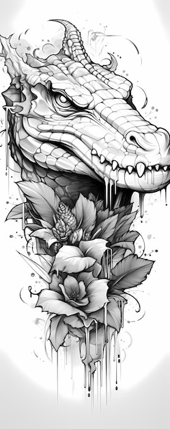 Techno Reptile Esboço inacabado com Crocodilo SciFi para inspiração de tatuagem página de coloração