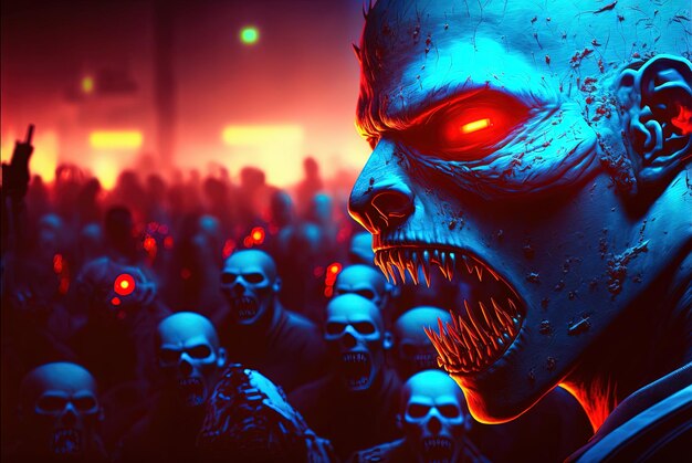 Foto techno zumbi com luzes de néon e olhos brilhantes conceito de festa de terror cyberpunk ia gerada