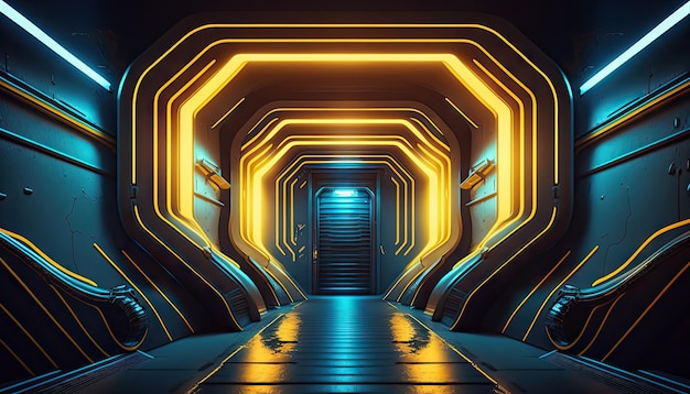 Technologie abstrakter Korridor Neonlicht Hintergrund leerer Raum Szene Raumschiff mit generativer KI