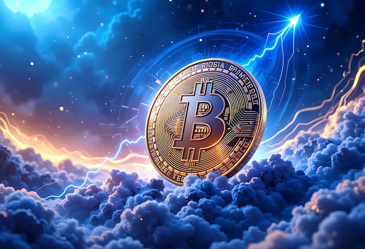 Technologie Bitcoin und Kryptowährung mit holographischem Effekt
