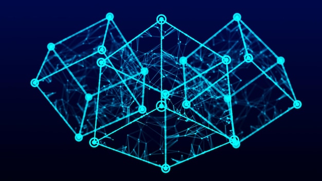 Foto technologie blockchain-netzwerkverbindung visualisierung von big data cyber-sicherheitshintergrund cube bestehend aus block-3d-rendering