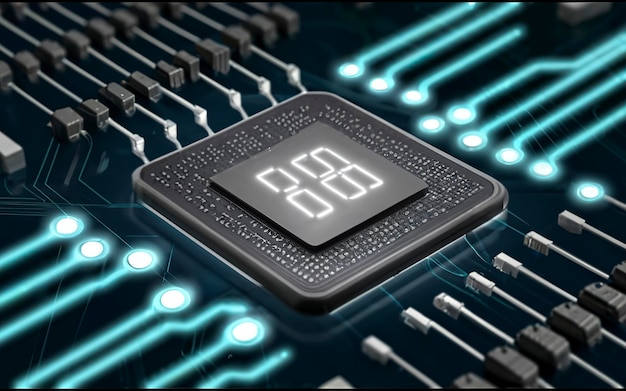 Technologie der digitalen binären Daten auf Mikrochip mit Glühschaltplatte