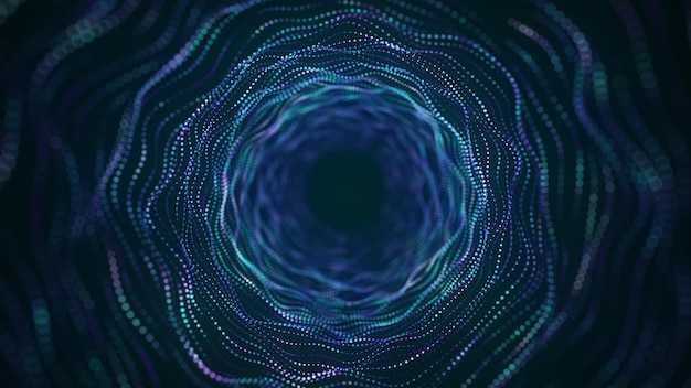 Technologie Drahtrahmenkreis-Tunnel auf blauem Hintergrund Futuristisches 3D-Wurmloch-Gitter Big Data-Visualisierung 3D-Rendering